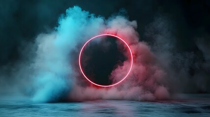 Poster - Captivating abstract landscape featuring a glowing misty futuristic void enveloped in vibrant neon hues of pink and blue creating a mesmerizing surreal and atmospheric visual experience