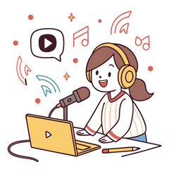 Poster - A girl wearing headphones excitedly records a podcast at her desk. Her laptop is open, with music notes and a streaming icon surrounding her, creating a lively atmosphere