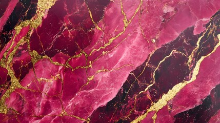 Poster - Vibrant pink and gold marbled textured abstract background with dramatic fractal like patterns and reflective glossy finish  This digital artwork has a modern