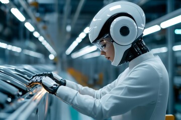 Poster - Female engineer with futuristic helmet and robotic hands working on assembly line in a factory