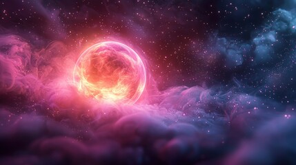 Wall Mural - Glowing orb surrounded by colorful nebula in space, stars and cosmic clouds
