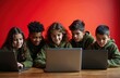© miss irine - Group of kids coding, learning online. Children using laptops, study computer science, programming. Group of diverse teen students in green hoodies on red background. Teamwork, modern education,