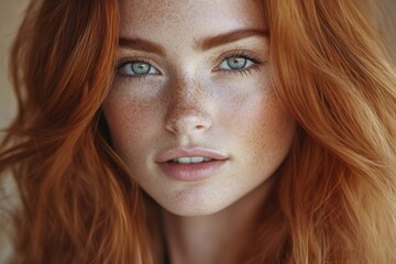 Wall Mural - Portrait of attractive redhead model showing her freckles and green eyes