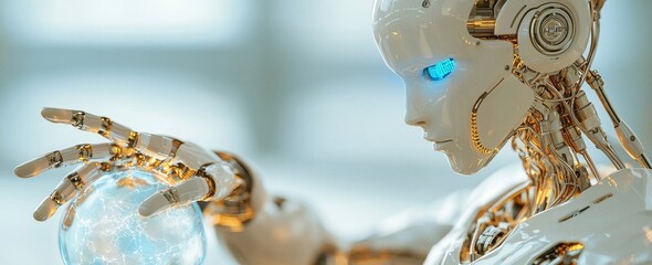 Poster - A 3D rendering depicts a white female robot interacting with a digital sphere through a holographic connection