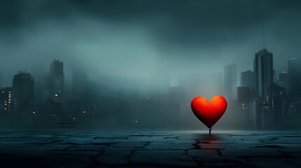 Poster - Captivating image of a glowing red heart shaped LED light suspended in a dark moody cyberpunk inspired cityscape at night  The pulsing heart light creates a striking