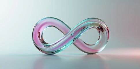 Poster - An abstract glass geometric figure in the shape of infinity is depicted in a 3D render, alongside a holographic wavy sculpture, as a transparent iridescent art object composed of crystal or plastic,