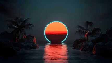 Poster - Captivating image of glowing neon grids flowing through a dramatic retrofuturistic landscape with palm trees islands and a vibrant sunset or sunrise reflected in the water