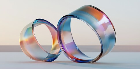 Poster - The image depicts a glass or crystal ring in multiple views, showcasing an abstract figure of a geometric shape with a holographic gradient texture, as a standalone glossy iridescent object, within a