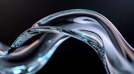 Poster - The image depicts a dark background with a 3D rendered abstract design, complete with transparent glossy glass and vibrant curved glass that showcases dispersion