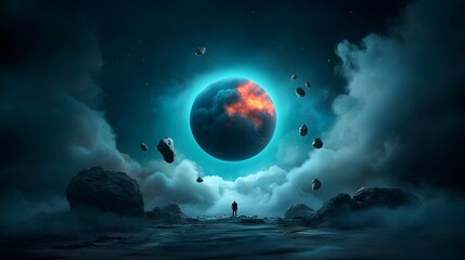 Poster - Captivating moonlit alien landscapes with floating rocks suspended in the cosmic void showcasing the boundless imagination and dreamlike wonder of sci fi surrealism