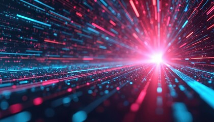 Fototapete - Abstract futuristic background with lines for network and data center. Dark backdrop with blue, pink neon lights into digital tunnel, generative AI motion design for tech presentation.