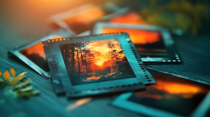 Poster - Captivating sunset landscape captured in a nostalgic Polaroid esque film frame featuring a softly blurred and vignetted center that adds a sense of depth and atmosphere to the tranquil serene scene