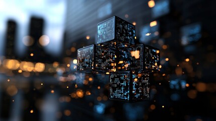 Poster - The digital background is a 3D rendering consisting of a futuristic city filled with data
