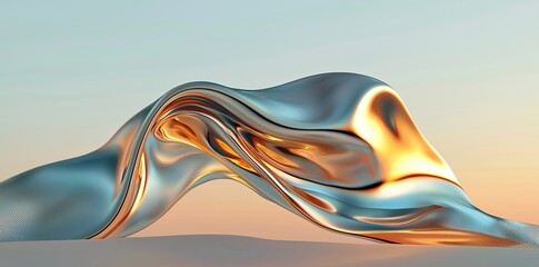 Poster - Holographic chrome gradient waves serve as the abstract background in this 3D render illustration, complete with a liquid surface, ripples, and reflections