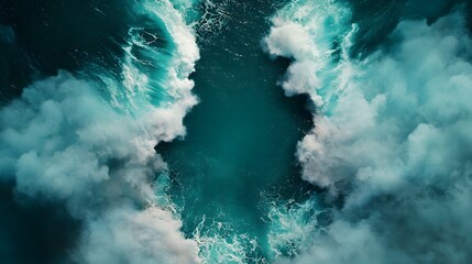 Poster - Captivating Waves Serene Seascape with Crashing Ocean Mist and Glowing Blank Center for Quotes  Dramatic and Moody Nature Landscape with Flowing Water and Ethereal Atmosphere