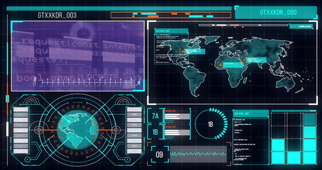Poster - image of diagrams, scope scanning and data processing over world map and globe