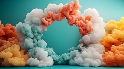 Poster - Cartoonish fluffy clouds with pastel rainbow arcs and an open dreamy center create a surreal whimsical and imaginative scene full of color and atmosphere