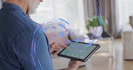 Poster - image of purple shapes moving over caucasian man using tablet with smart home on screen
