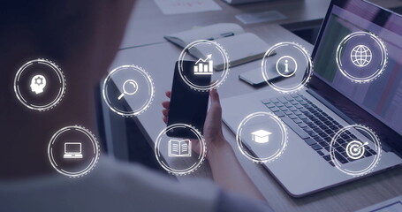 Poster - Image of digital icons and data processing over caucasian businesswoman using smartphone