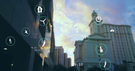 Poster - Image of network of eco icons over cityscape
