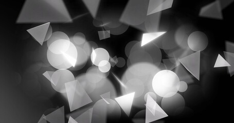 Poster - Image of glowing light spots and triangles moving over black background