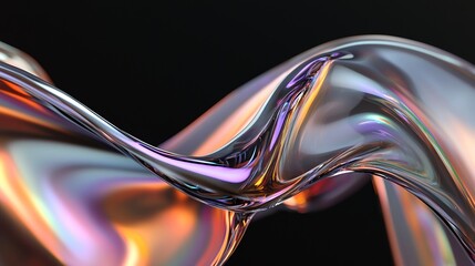 Poster - A 3D rendering of a curved wave with an abstract, fluid, holographic, and iridescent purple hue set against a dark background, serving as a versatile gradient design element