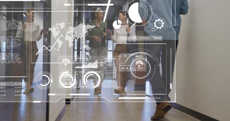 Poster - Image of data processing and diagrams over diverse business people walking in office