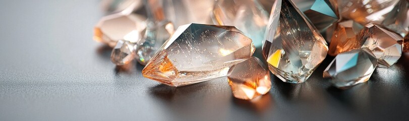 Poster - The background is a 3D render of an abstract crystal, boasting an iridescent texture, captured in a macro panorama that showcases a faceted gem, ideal for a wide panoramic polygonal wallpaper