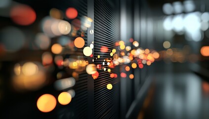 Poster - A server room data center is shown with graph holograms flying overhead in a 3D rendering