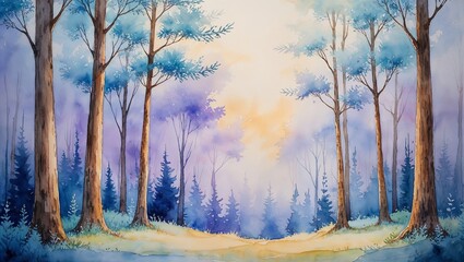 Poster - Majestic forest landscape with watercolor hues at dawn showcasing tranquil beauty and serene nature
