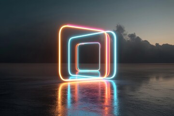 Poster - A 3D rendering features an abstract background illuminated by ultraviolet neon lights, incorporating holographic technology, a tunnel, and rounded square frames surrounding a virtual screen that