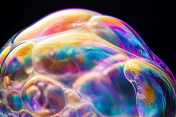 Poster - Close-up of iridescent soap bubble with colorful reflections and smaller bubbles.