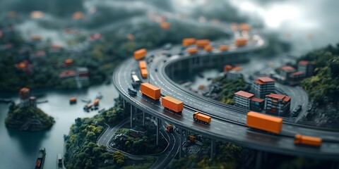 Poster - Cinematic aerial photograph highlighting the interconnected system of logistics infrastructure that powers the global economy featuring a sweeping panorama of bustling distribution centers