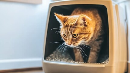 Ginger cat entering a closed litter box, curious and exploring its environment, showcasing a common household pet behavior in a domestic setting, with a focus on cleanliness and pet care