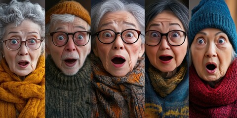 collage of five portraits of elderly people in glasses, of different nationalities, expressing genui