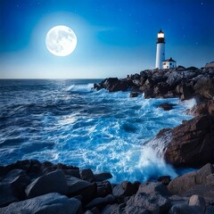 Wall Mural - lighthouse on a rocky coastline with crashing 