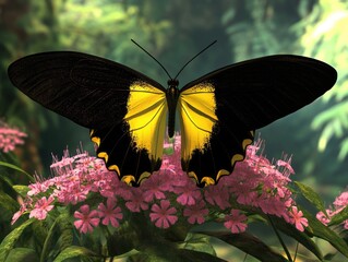 Wall Mural - Black and Yellow Butterfly on Pink Flowers,