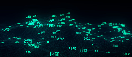 Leinwandbilder - Block chain technology concept. Big data visualization. Artificial intelligence. Green network connection structure. Abstract digital background with matrix. 3d rendering.