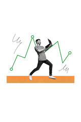 Poster - Creative poster collage funny running crazy young man hold laptop amazed successful charts business progress white background