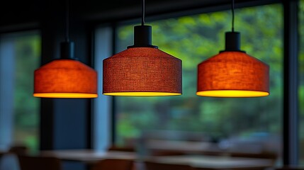 Aufkleber - Three decorative lamps with orange glow in a room, creating an inviting ambiance, near trees, in a residence, for interior design
