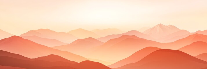 Poster - Warm sunlight illuminates layers of rolling mountains, creating a serene and minimalist landscape at sunrise, with a soft pastel color palette