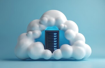 Fototapete - Cloud storage concept illustration. White cloud with server data base rack inside. 3D render. Cloud computing, data hosting, networking, cyberspace technologies, file sharing. Digital communication,