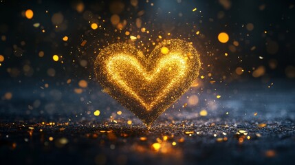 Poster - Glittering gold heart shape surrounded by shimmering particles on a dark background. Romantic and festive celebration concept