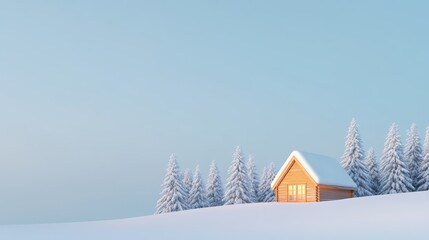 Poster - Warm light glowing from a cozy wooden cabin nestled among snow covered pine trees creates a tranquil winter evening scene against a clear blue sky