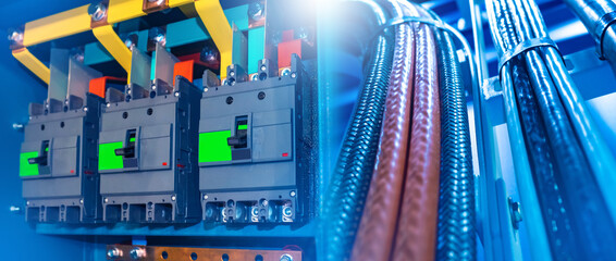 Poster - electrical equipment. automatic devices for turning off electricity. power wires for supplying curre