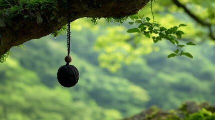 Poster - Tree branch holds a wooden ball hanging by a chain, forest blurred background, tranquil scene