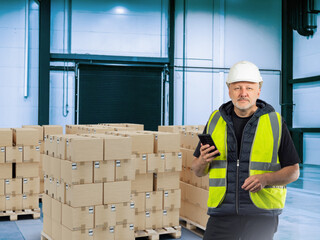 Poster - Man warehouse worker. Guy administrator of logistics center, man with phone near boxes. Warehouse worker stands in hangar with pallets. Cardboard parcels near man warehouse manager