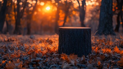 Poster - Tree stump glows with golden sunrise in forest amidst fallen autumn leaves for nature and natural images