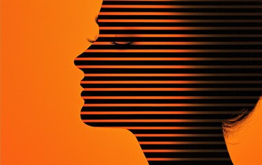 Poster - Surreal orange portrait silhouette with striped patterns, exuding mystery and depth.