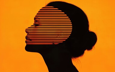 Poster - Surreal orange portrait with striped silhouette, creating striking contrast and depth.
